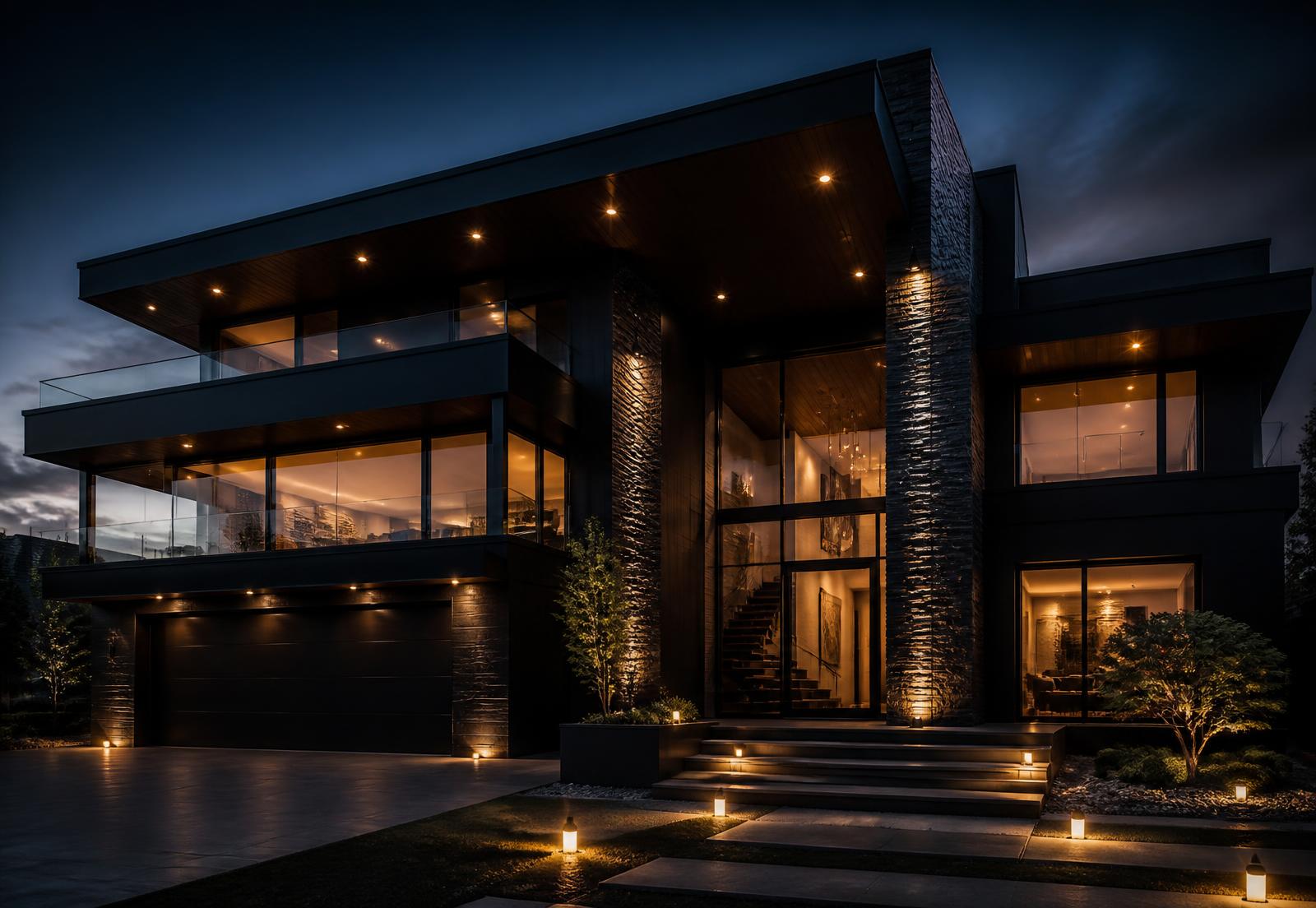 Modern renovated luxury home lit at dusk